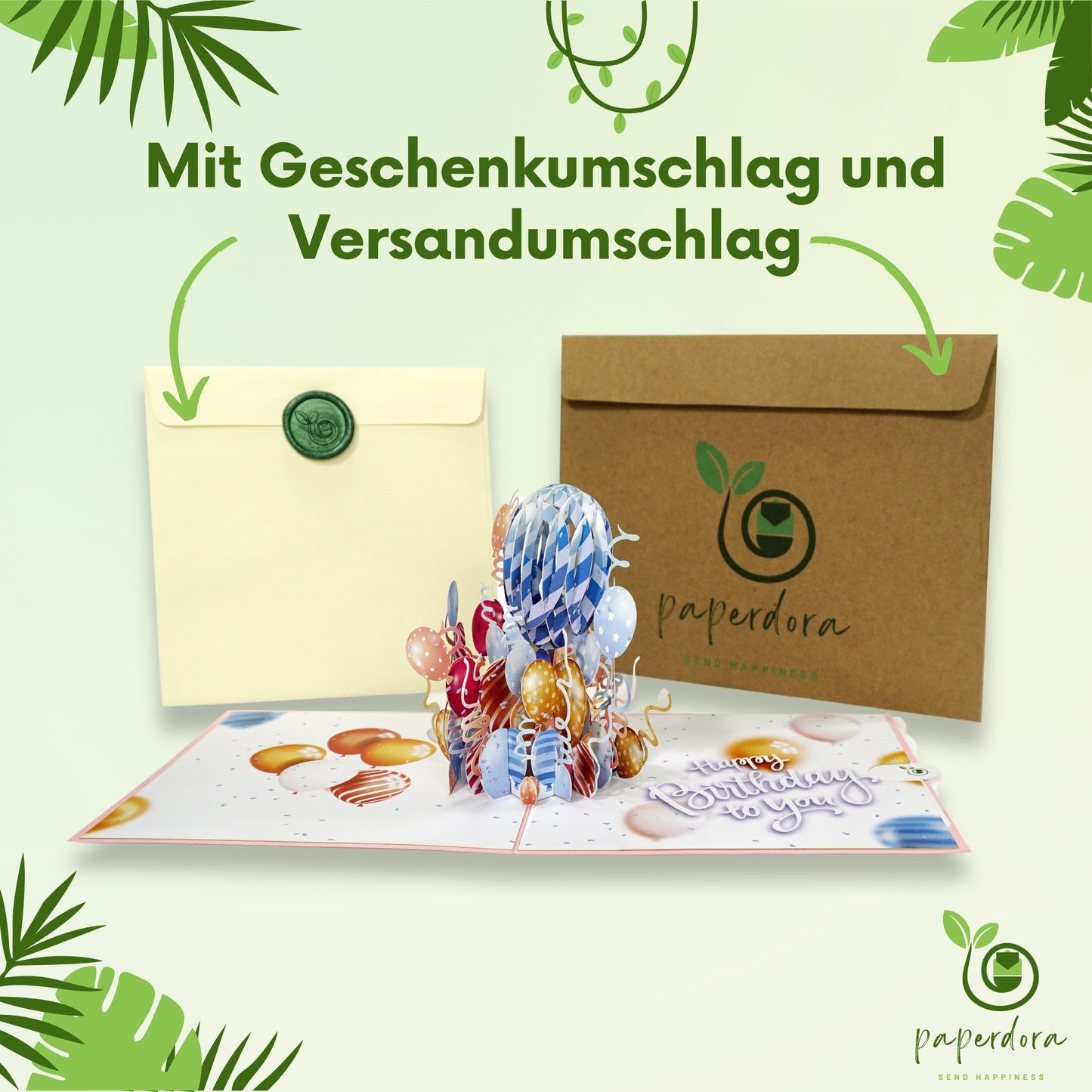 3D Pop-Up-Karte „Geburtstag“ mit Umschlag und Wachssiegel