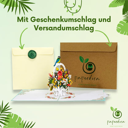 3D Pop-Up-Karte „Blumen“ mit Umschlag und Wachssiegel