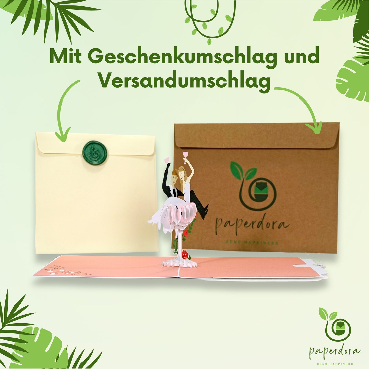 3D Pop-Up-Karte „Hochzeit“ mit Umschlag und Wachssiegel